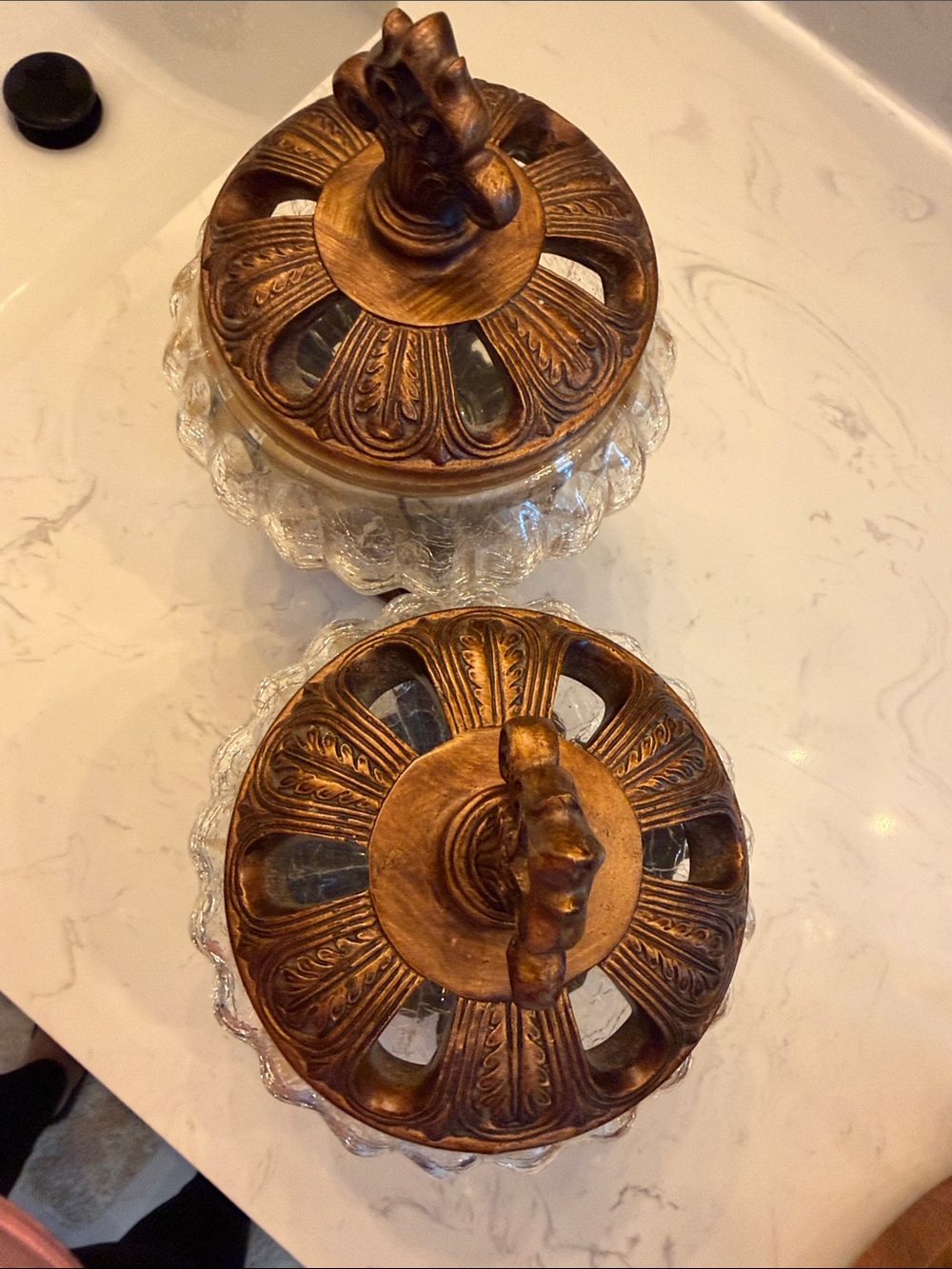 Kirklands Clear Glass Jars with Ornate Gold-Toned Lids (Set of 2)